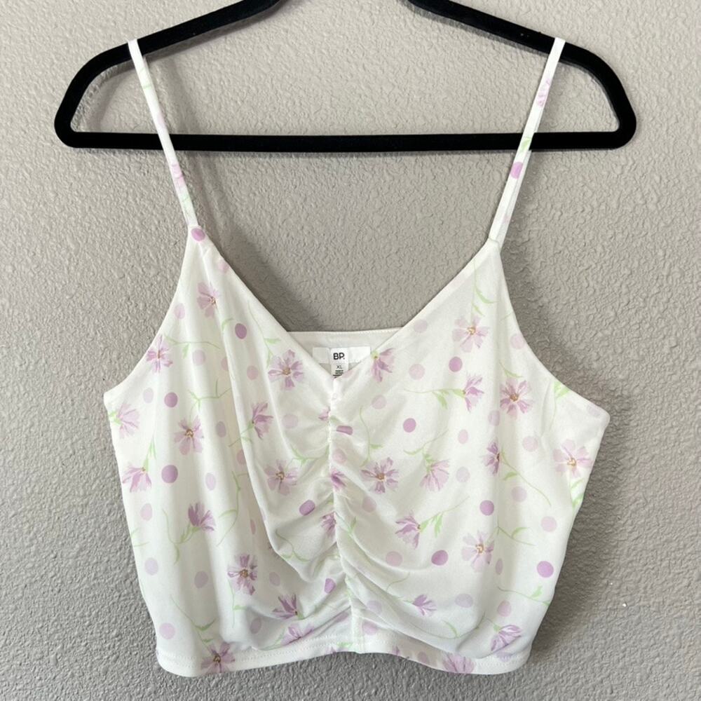 BP. White Floral Sheer Overlay Lined Sleeveless Ruched Womens Crop Top XL